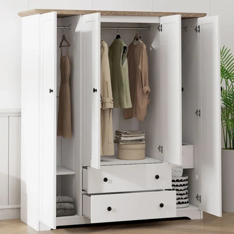 Freestanding 4-Door Wardrobe Armoire with 2 Drawers and Hanging Rods for Clothes Storage 3