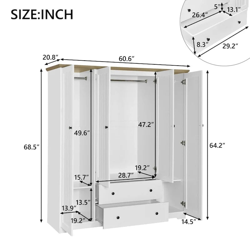 Freestanding 4-Door Wardrobe Armoire with 2 Drawers and Hanging Rods for Clothes Storage 4