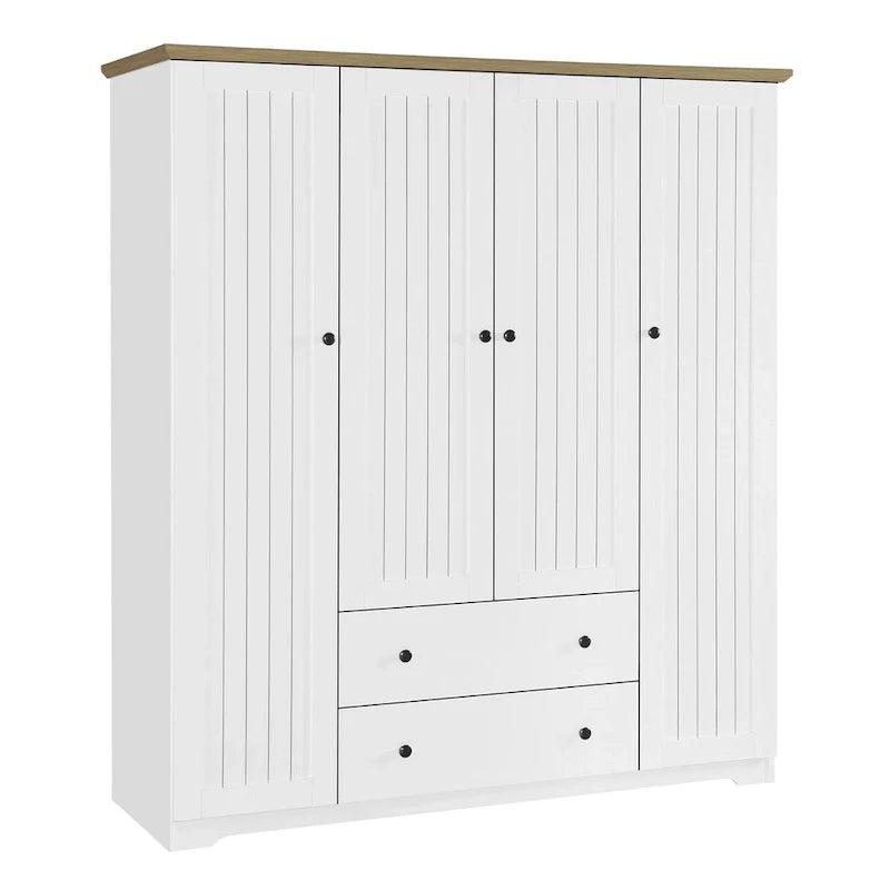 Freestanding 4-Door Wardrobe Armoire with 2 Drawers and Hanging Rods for Clothes Storage 5