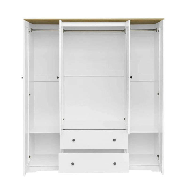 Freestanding 4-Door Wardrobe Armoire with 2 Drawers and Hanging Rods for Clothes Storage 6