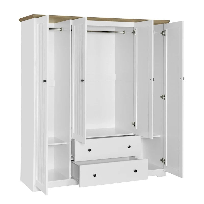 Freestanding 4-Door Wardrobe Armoire with 2 Drawers and Hanging Rods for Clothes Storage 9