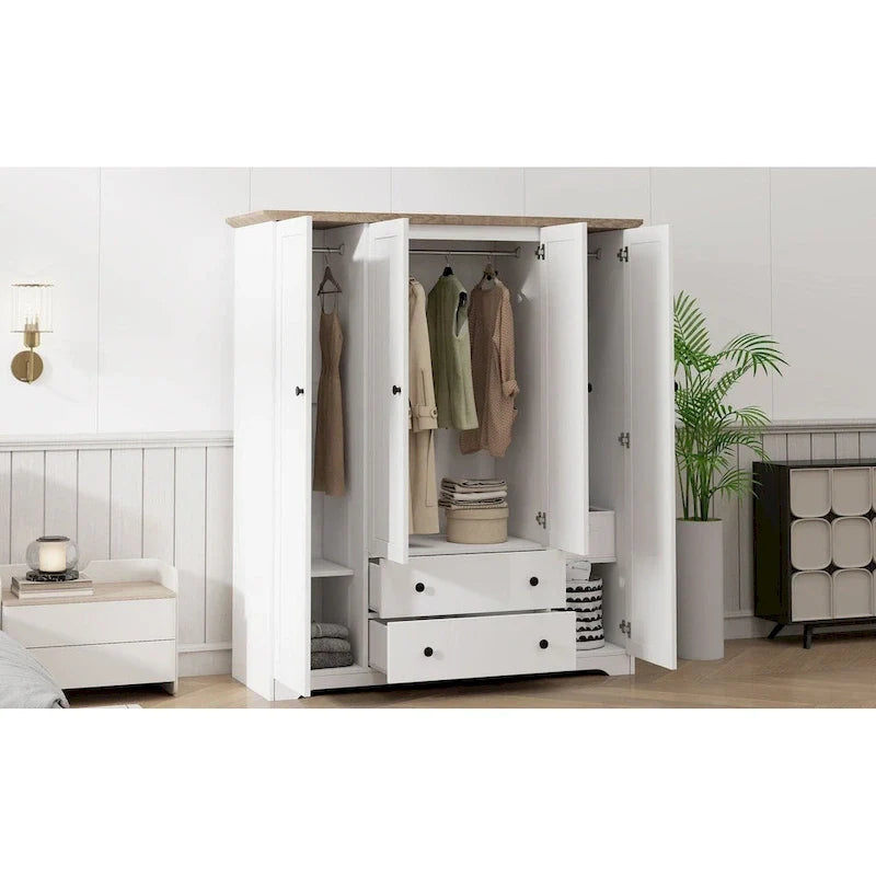 Freestanding 4-Door Wardrobe Armoire with 2 Drawers and Hanging Rods for Clothes Storage 11