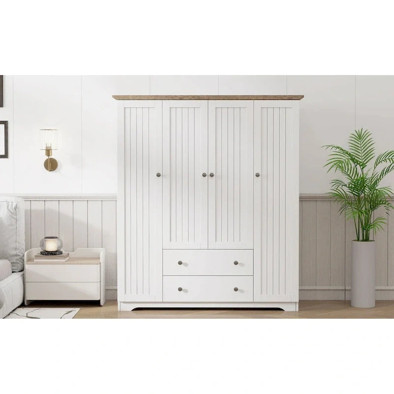 Freestanding 4-Door Wardrobe Armoire with 2 Drawers and Hanging Rods for Clothes Storage 12