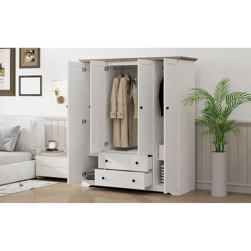 Freestanding 4-Door Wardrobe Armoire with 2 Drawers and Hanging Rods for Clothes Storage 13