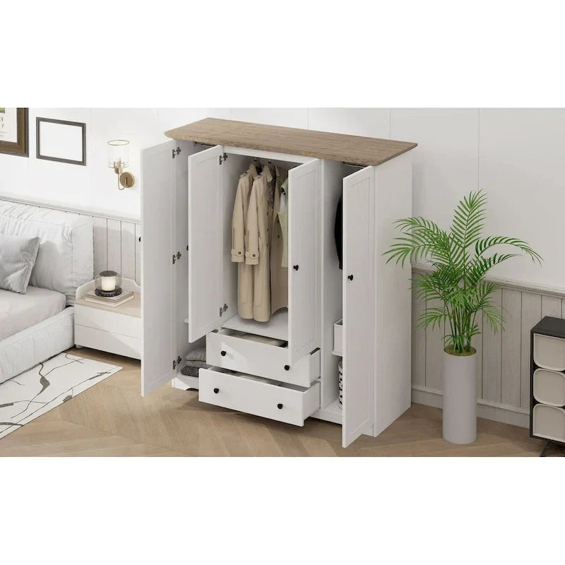 Freestanding 4-Door Wardrobe Armoire with 2 Drawers and Hanging Rods for Clothes Storage 14