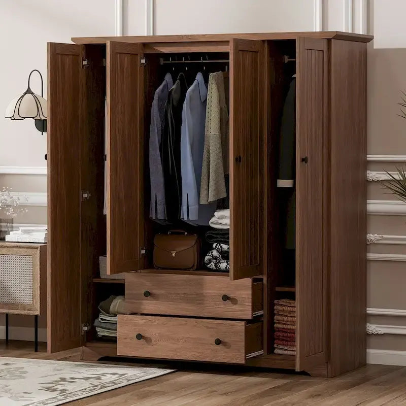 Freestanding 4-Door Wardrobe Armoire with 2 Drawers and Hanging Rods for Clothes Storage 15