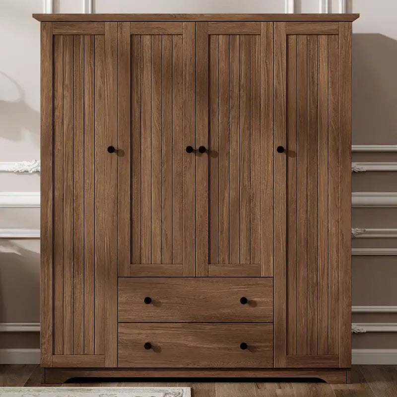 Freestanding 4-Door Wardrobe Armoire with 2 Drawers and Hanging Rods for Clothes Storage 16