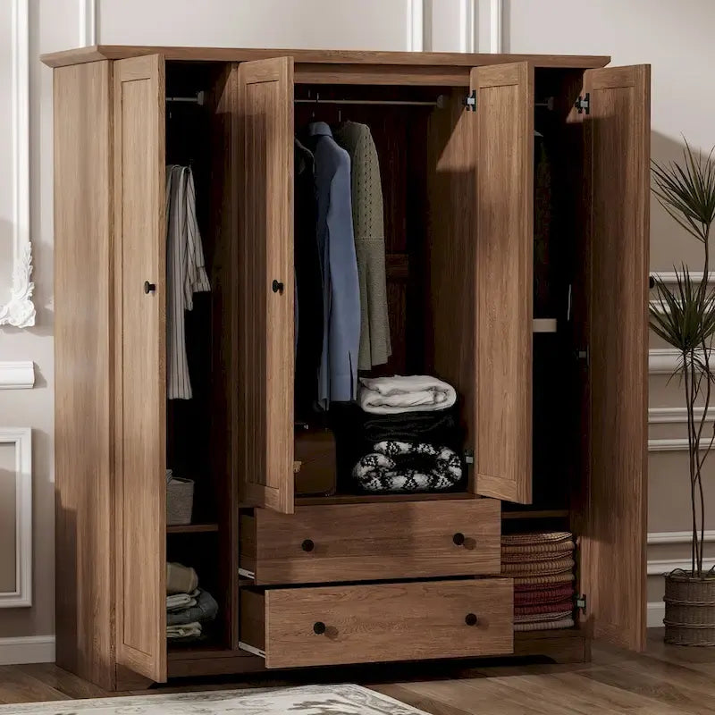 Freestanding 4-Door Wardrobe Armoire with 2 Drawers and Hanging Rods for Clothes Storage 17