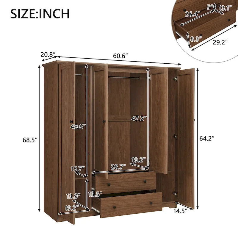 Freestanding 4-Door Wardrobe Armoire with 2 Drawers and Hanging Rods for Clothes Storage 18