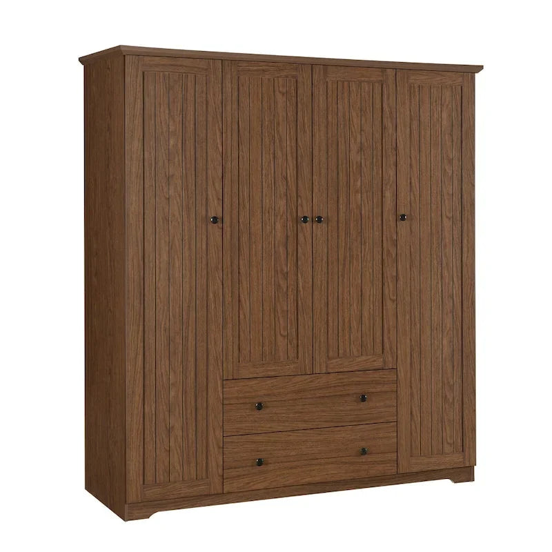 Freestanding 4-Door Wardrobe Armoire with 2 Drawers and Hanging Rods for Clothes Storage 19