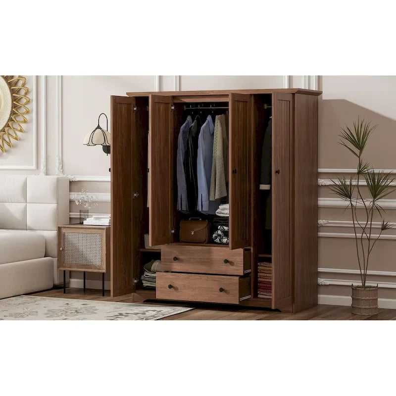 Freestanding 4-Door Wardrobe Armoire with 2 Drawers and Hanging Rods for Clothes Storage 25