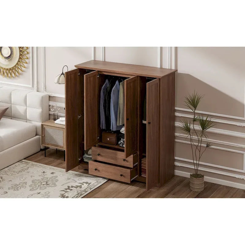 Freestanding 4-Door Wardrobe Armoire with 2 Drawers and Hanging Rods for Clothes Storage 26