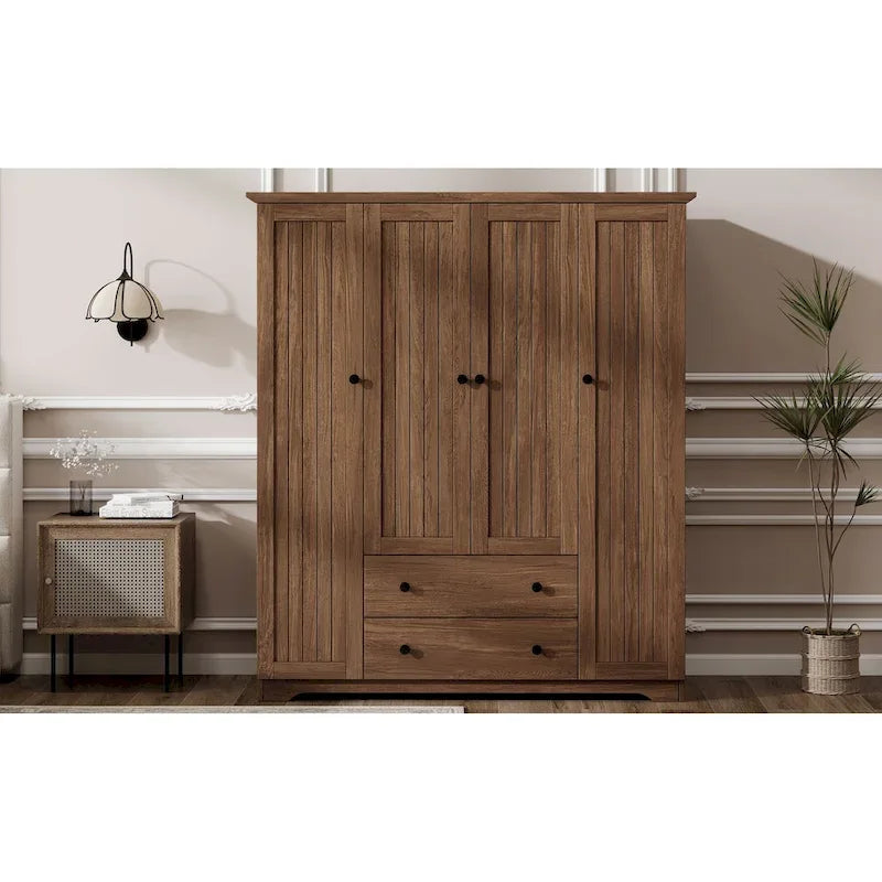 Freestanding 4-Door Wardrobe Armoire with 2 Drawers and Hanging Rods for Clothes Storage 27