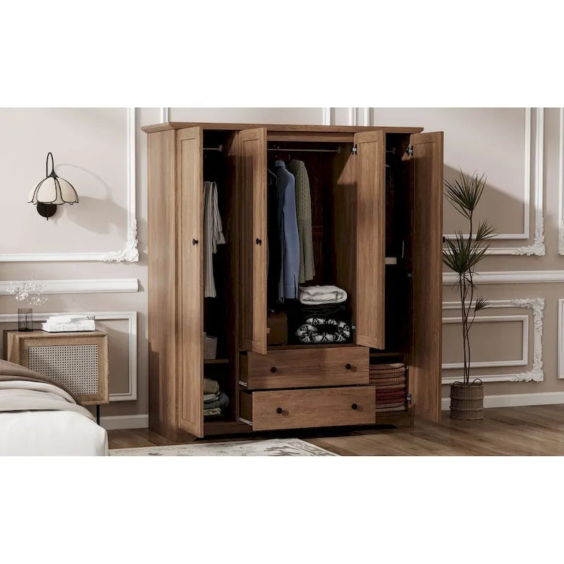 Freestanding 4-Door Wardrobe Armoire with 2 Drawers and Hanging Rods for Clothes Storage 28