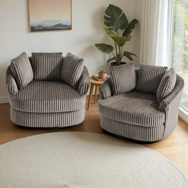 Set of 2 Oversized 43" Plush Corduroy Swivel Barrel Chairs with Cushions 36