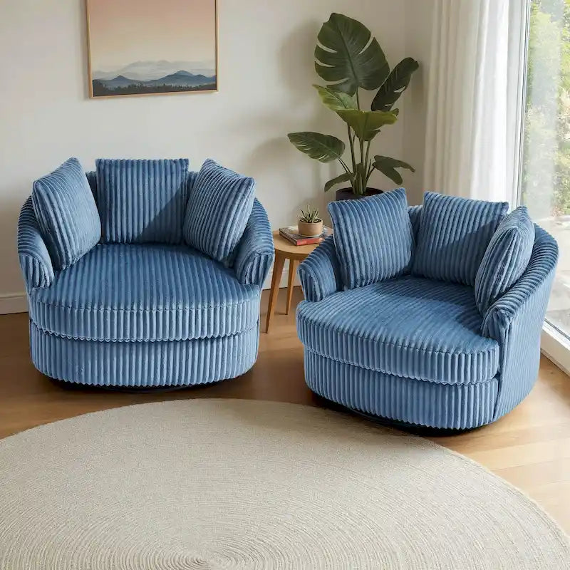 Set of 2 Oversized 43" Plush Corduroy Swivel Barrel Chairs with Cushions 37