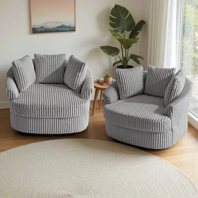 Set of 2 Oversized 43" Plush Corduroy Swivel Barrel Chairs with Cushions 38