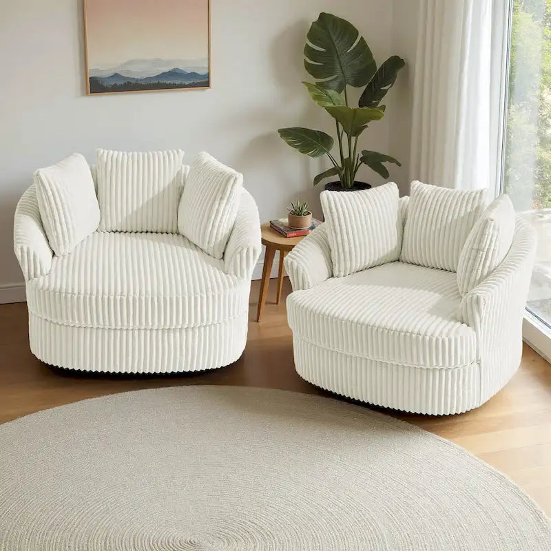 Set of 2 Oversized 43" Plush Corduroy Swivel Barrel Chairs with Cushions 1
