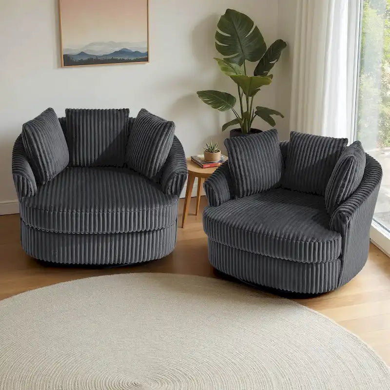 Set of 2 Oversized 43" Plush Corduroy Swivel Barrel Chairs with Cushions 3