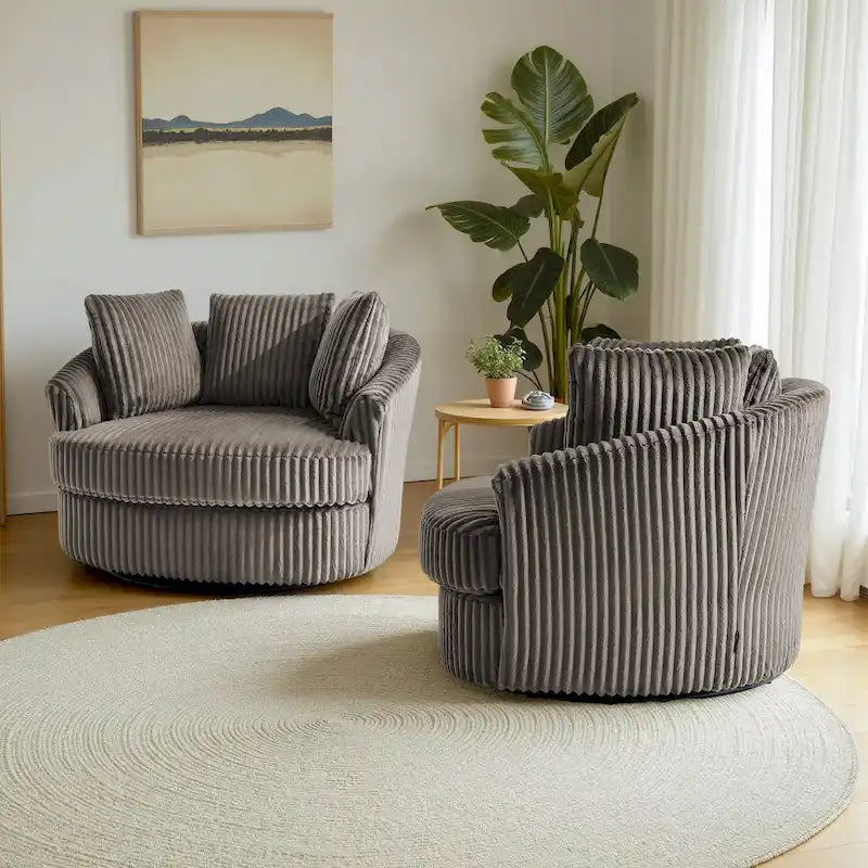 Set of 2 Oversized 43" Plush Corduroy Swivel Barrel Chairs with Cushions 5
