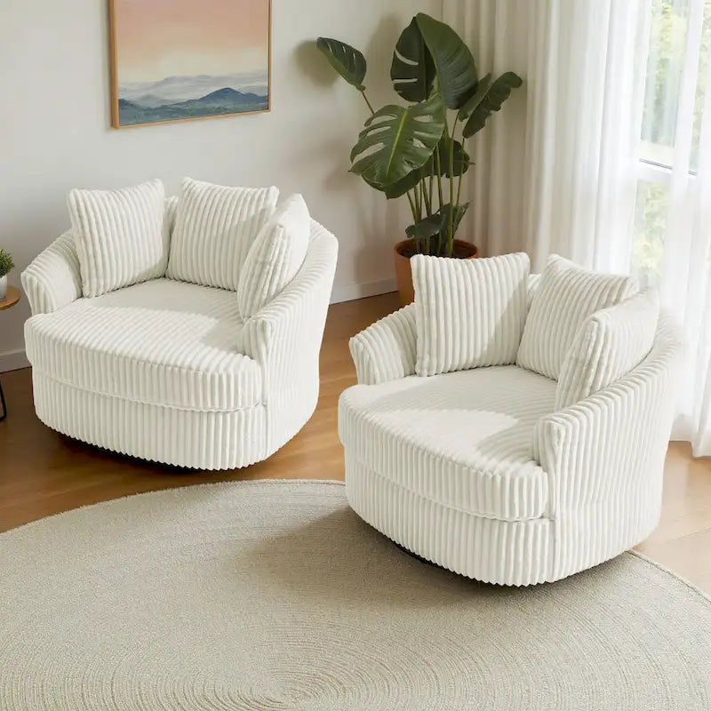 Set of 2 Oversized 43" Plush Corduroy Swivel Barrel Chairs with Cushions 6