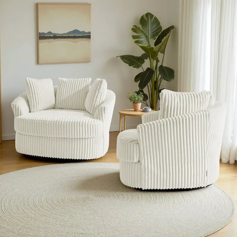 Set of 2 Oversized 43" Plush Corduroy Swivel Barrel Chairs with Cushions 8