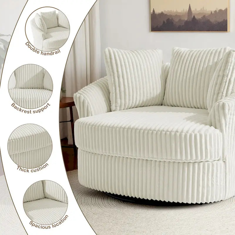 Set of 2 Oversized 43" Plush Corduroy Swivel Barrel Chairs with Cushions 15