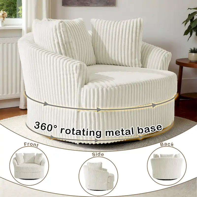 Set of 2 Oversized 43" Plush Corduroy Swivel Barrel Chairs with Cushions 16