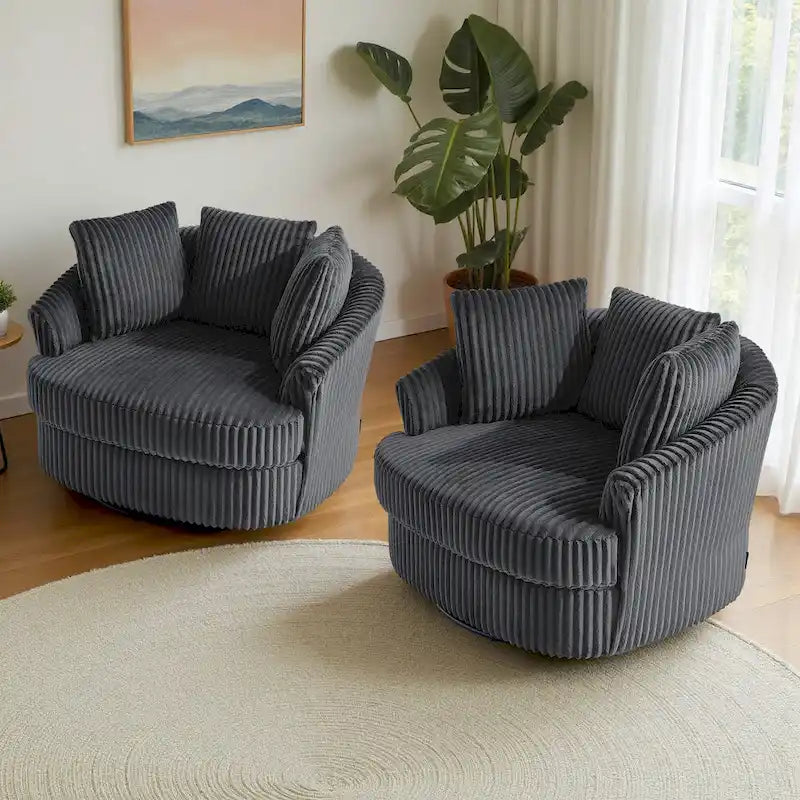 Set of 2 Oversized 43" Plush Corduroy Swivel Barrel Chairs with Cushions 19