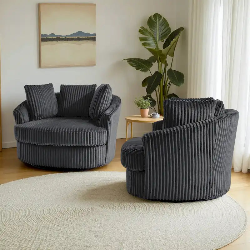 Set of 2 Oversized 43" Plush Corduroy Swivel Barrel Chairs with Cushions 20