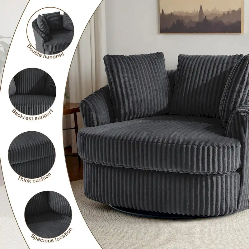 Set of 2 Oversized 43" Plush Corduroy Swivel Barrel Chairs with Cushions 27