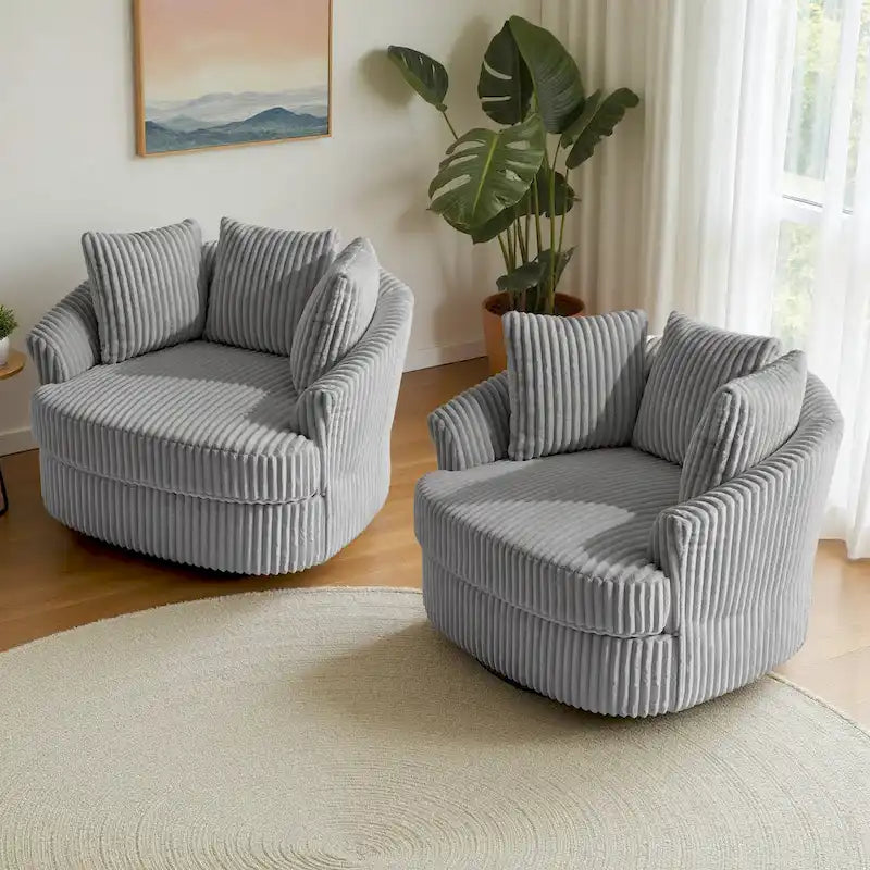Set of 2 Oversized 43" Plush Corduroy Swivel Barrel Chairs with Cushions 31