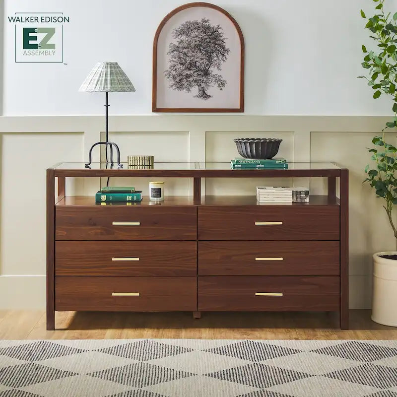 Wood Dresser with Glass Top and 6 Drawers Storage Cabinet 17