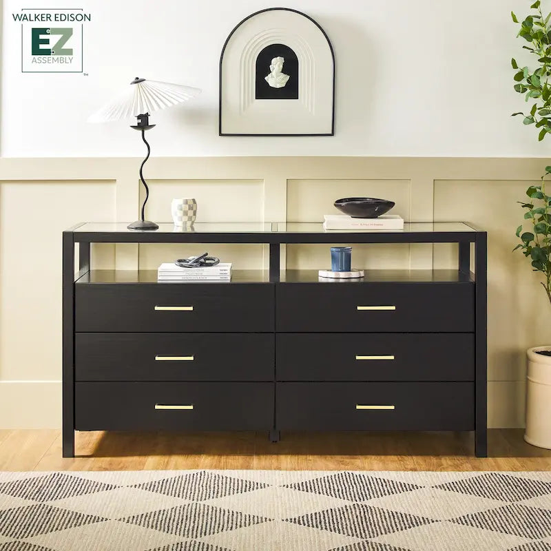 Wood Dresser with Glass Top and 6 Drawers Storage Cabinet 18