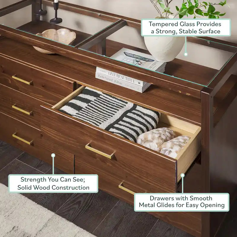 Wood Dresser with Glass Top and 6 Drawers Storage Cabinet