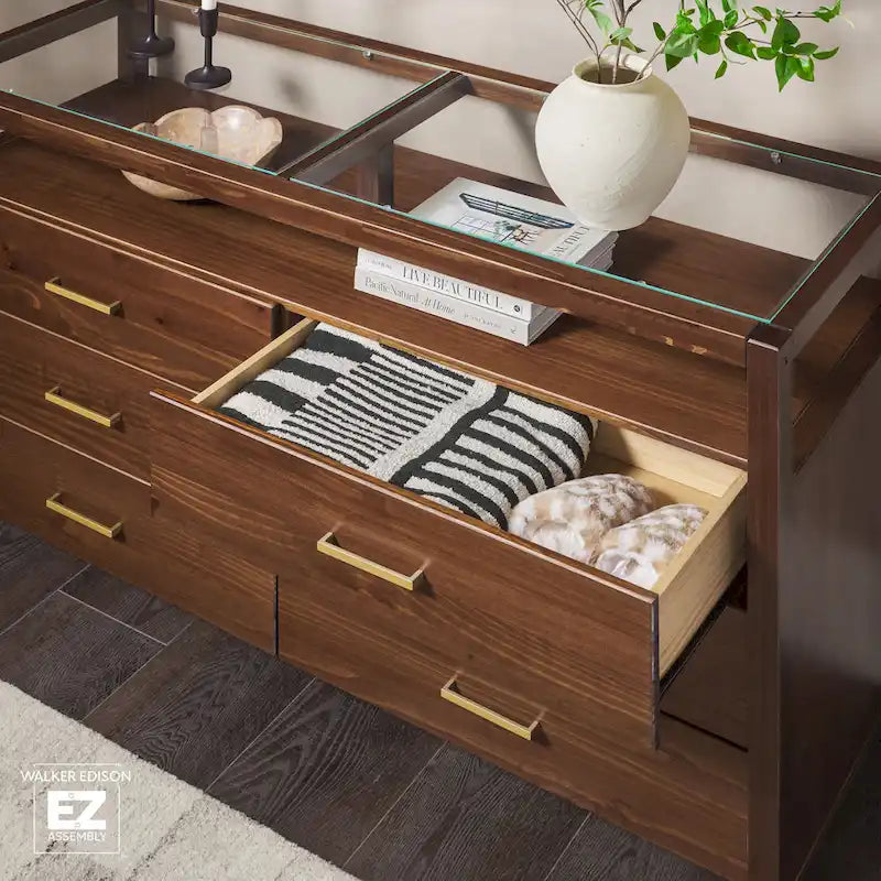 Wood Dresser with Glass Top and 6 Drawers Storage Cabinet