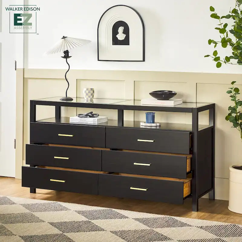 Wood Dresser with Glass Top and 6 Drawers Storage Cabinet 7