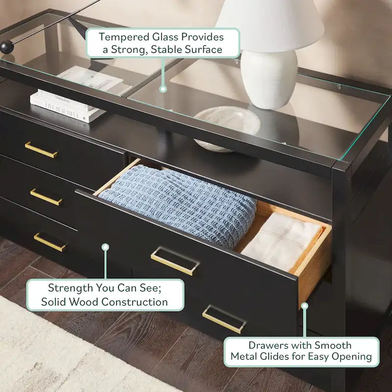 Wood Dresser with Glass Top and 6 Drawers Storage Cabinet 8