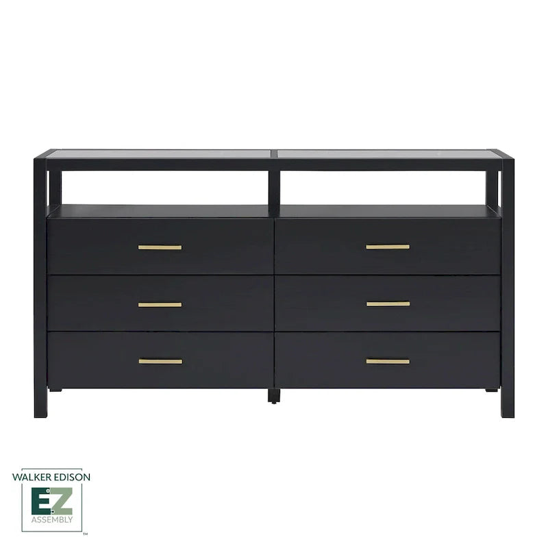 Wood Dresser with Glass Top and 6 Drawers Storage Cabinet 12