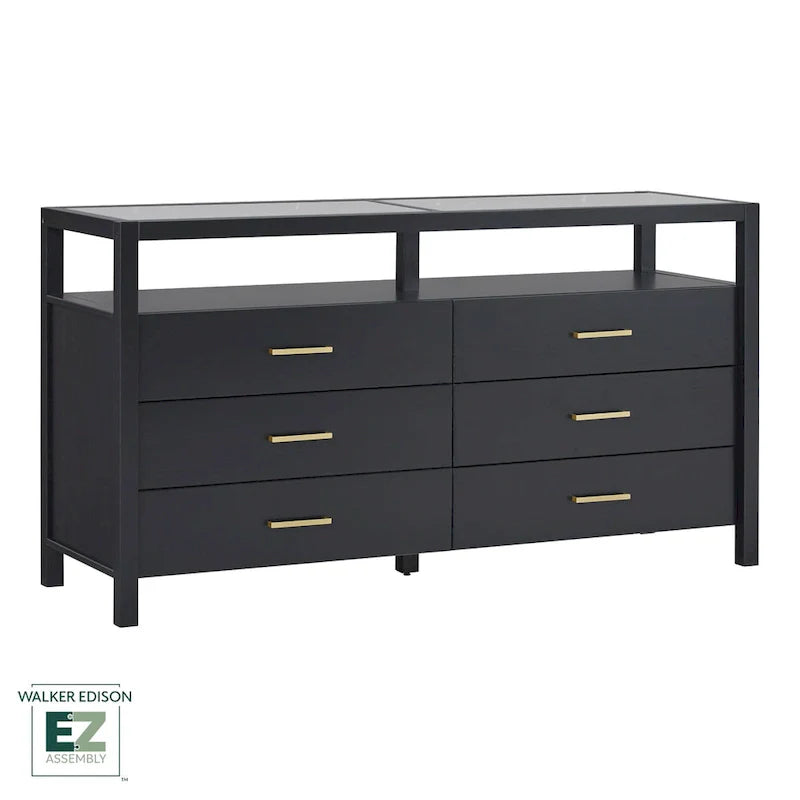 Wood Dresser with Glass Top and 6 Drawers Storage Cabinet 13