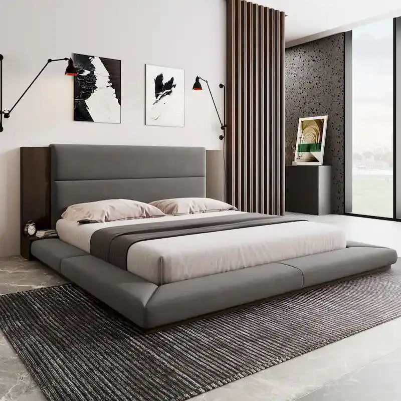 King Gray Upholstered Low Profile Platform Bed with Extended Wood Headboard and Integrated Nightstand Shelves 9