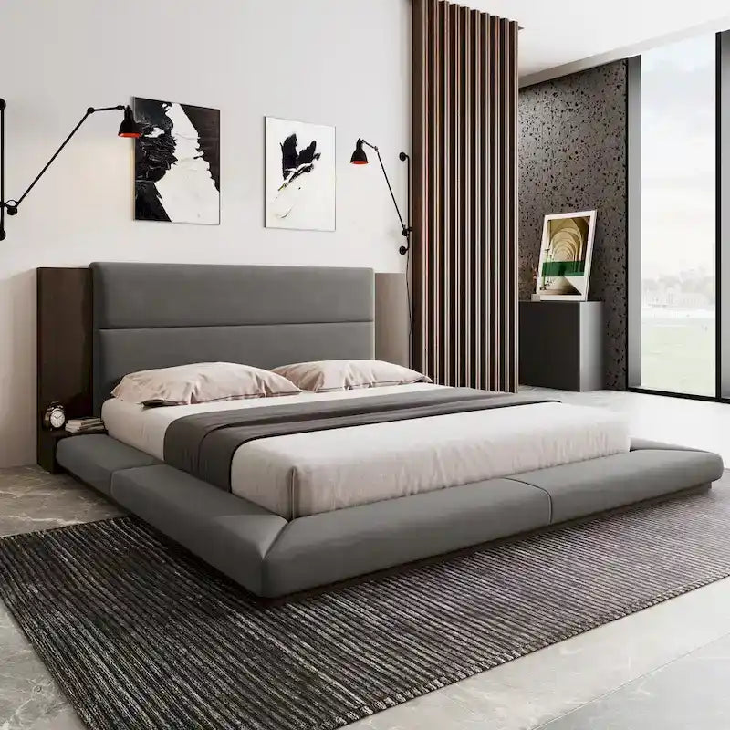 King Gray Upholstered Low Profile Platform Bed with Extended Wood Headboard and Integrated Nightstand Shelves 1