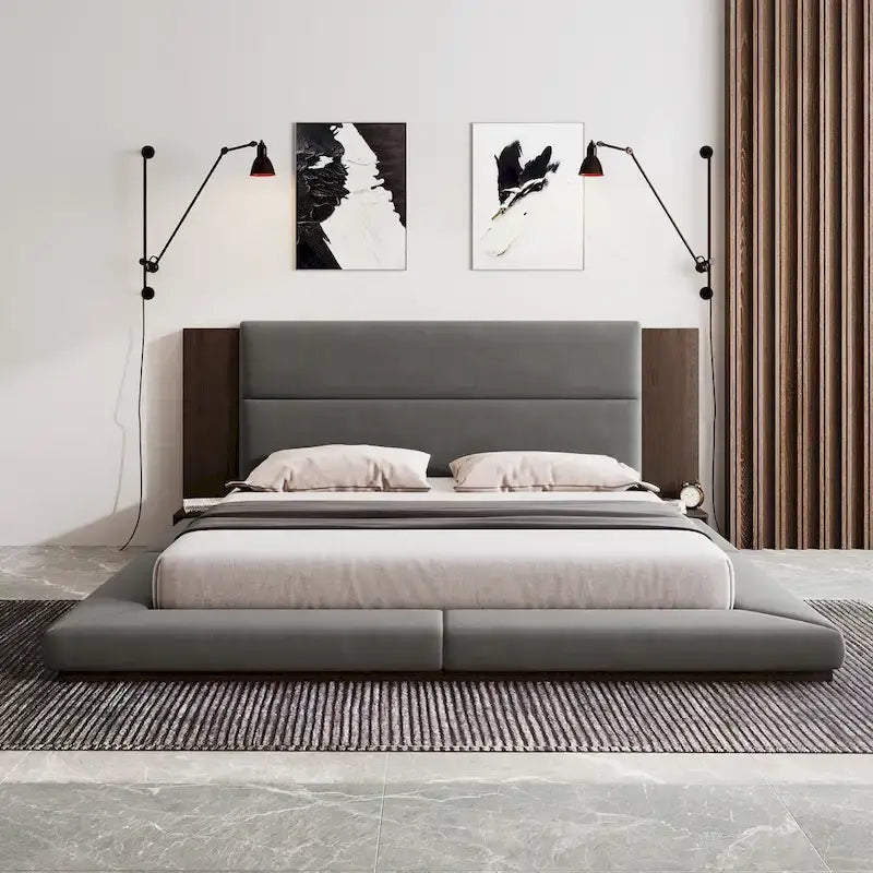King Gray Upholstered Low Profile Platform Bed with Extended Wood Headboard and Integrated Nightstand Shelves 2