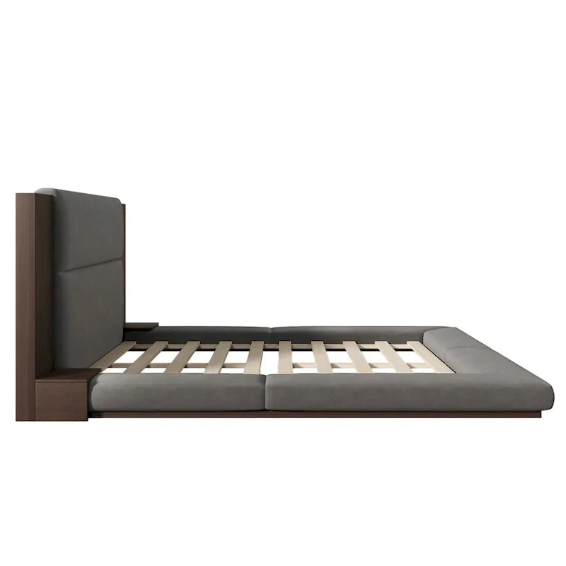 King Gray Upholstered Low Profile Platform Bed with Extended Wood Headboard and Integrated Nightstand Shelves 3