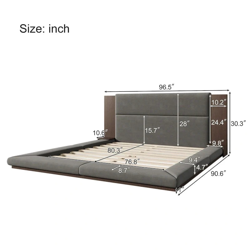 King Gray Upholstered Low Profile Platform Bed with Extended Wood Headboard and Integrated Nightstand Shelves 4