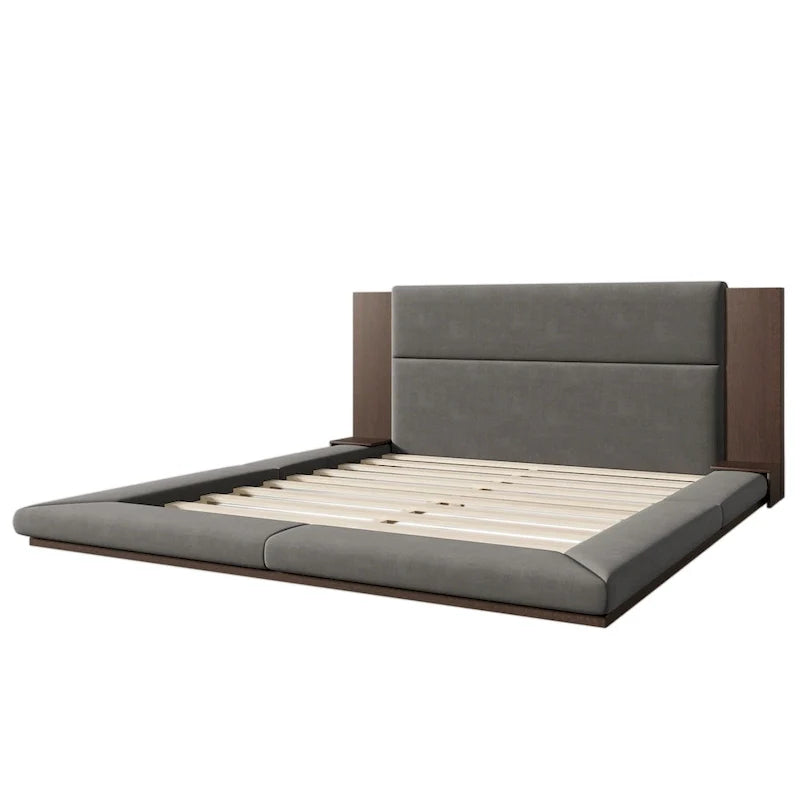 King Gray Upholstered Low Profile Platform Bed with Extended Wood Headboard and Integrated Nightstand Shelves 5
