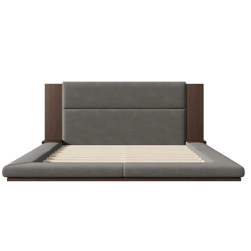 King Gray Upholstered Low Profile Platform Bed with Extended Wood Headboard and Integrated Nightstand Shelves 6