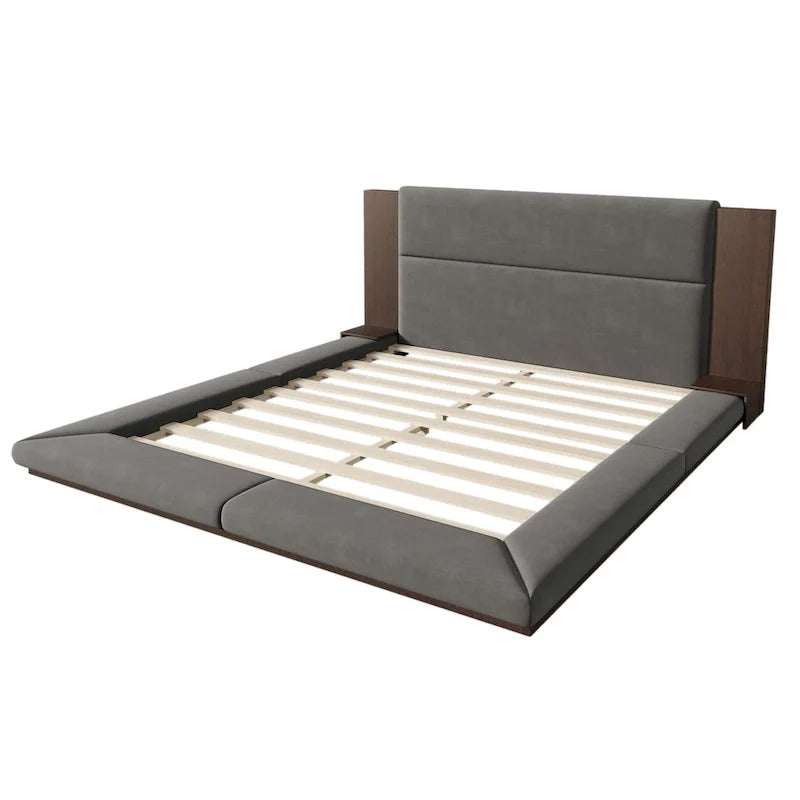 King Gray Upholstered Low Profile Platform Bed with Extended Wood Headboard and Integrated Nightstand Shelves 7