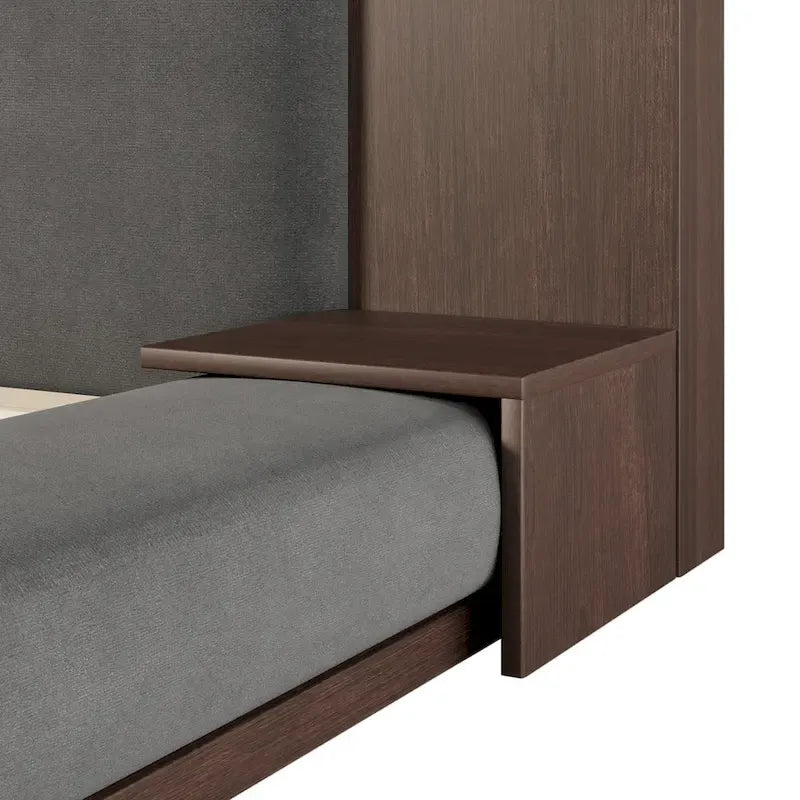 King Gray Upholstered Low Profile Platform Bed with Extended Wood Headboard and Integrated Nightstand Shelves 8