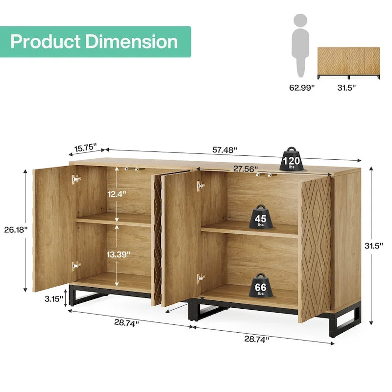57.5-Inch Farmhouse Style Buffet Cabinet with Doors for Kitchen Storage 2